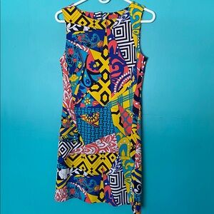 Tracy Negoshian Sleeveless Dress, Geometric, Orange, Yellow, Teal XS